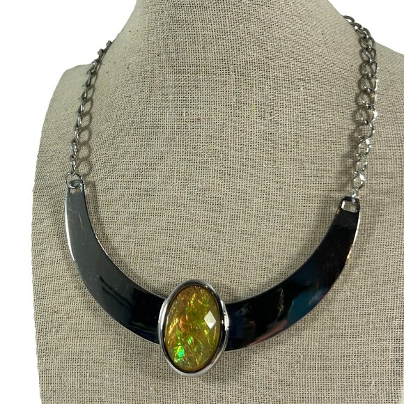 Silver Tone Necklace Faux Opal Fire Yellow Oval 14"-17" Long Statement - Picture 1 of 8